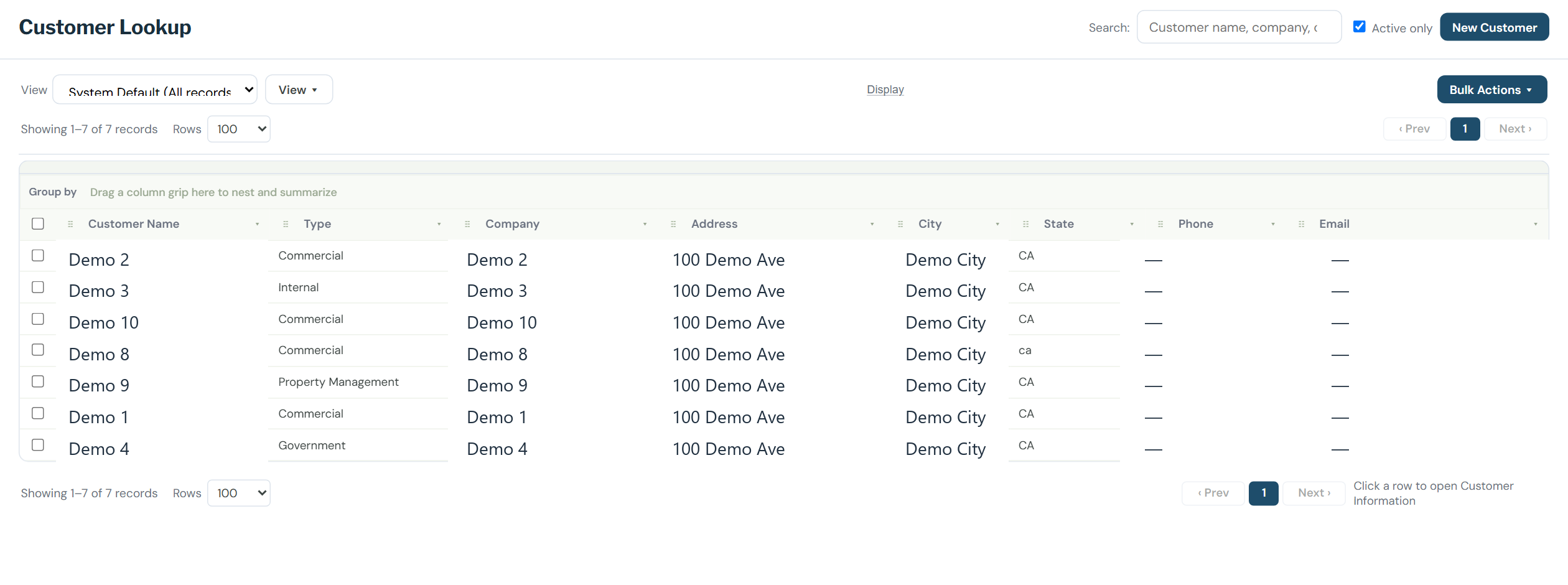 Customer Lookup account management grid with commercial accounts