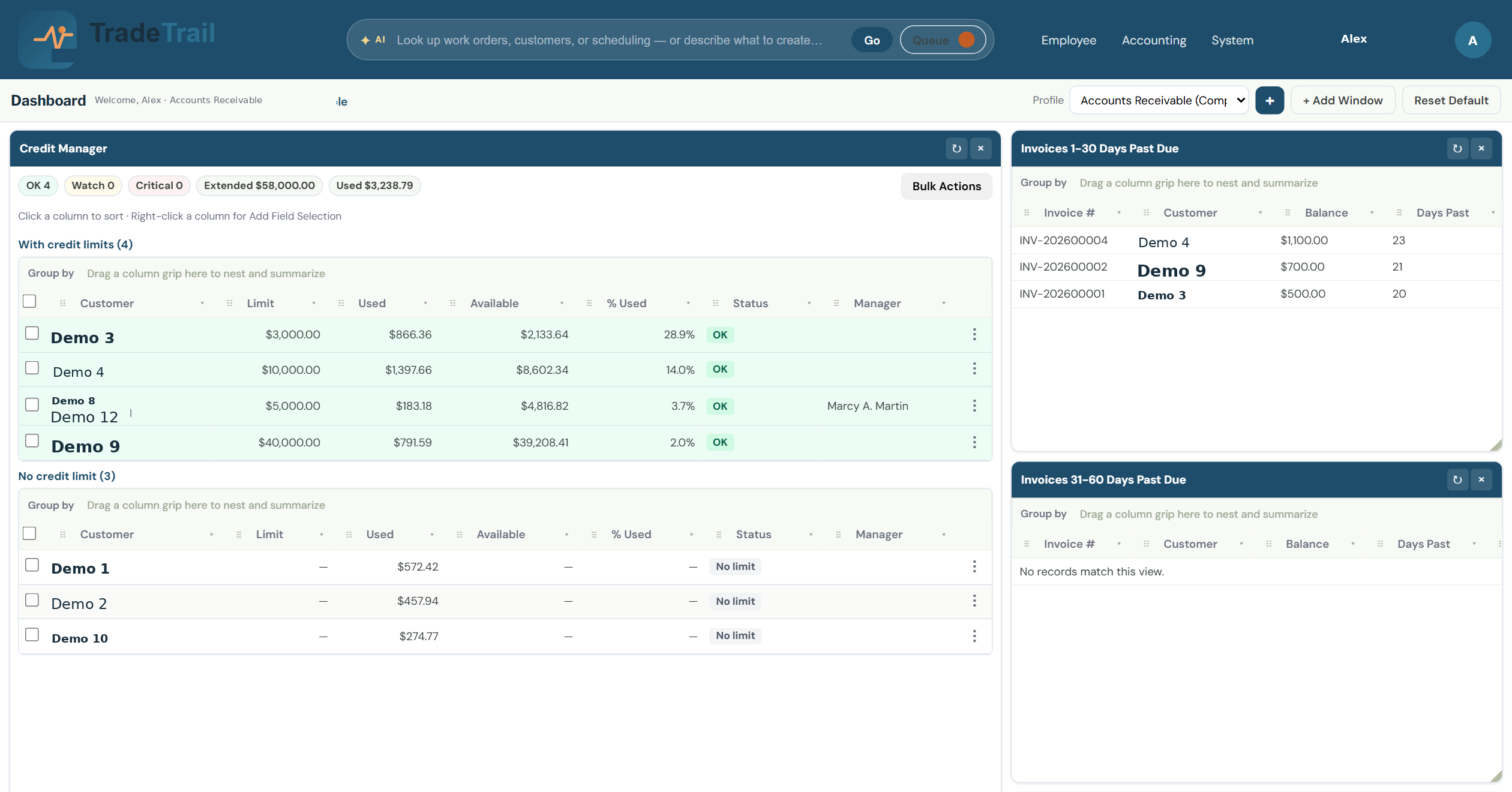 Credit Manager dashboard with credit limits, utilization, and aging invoices