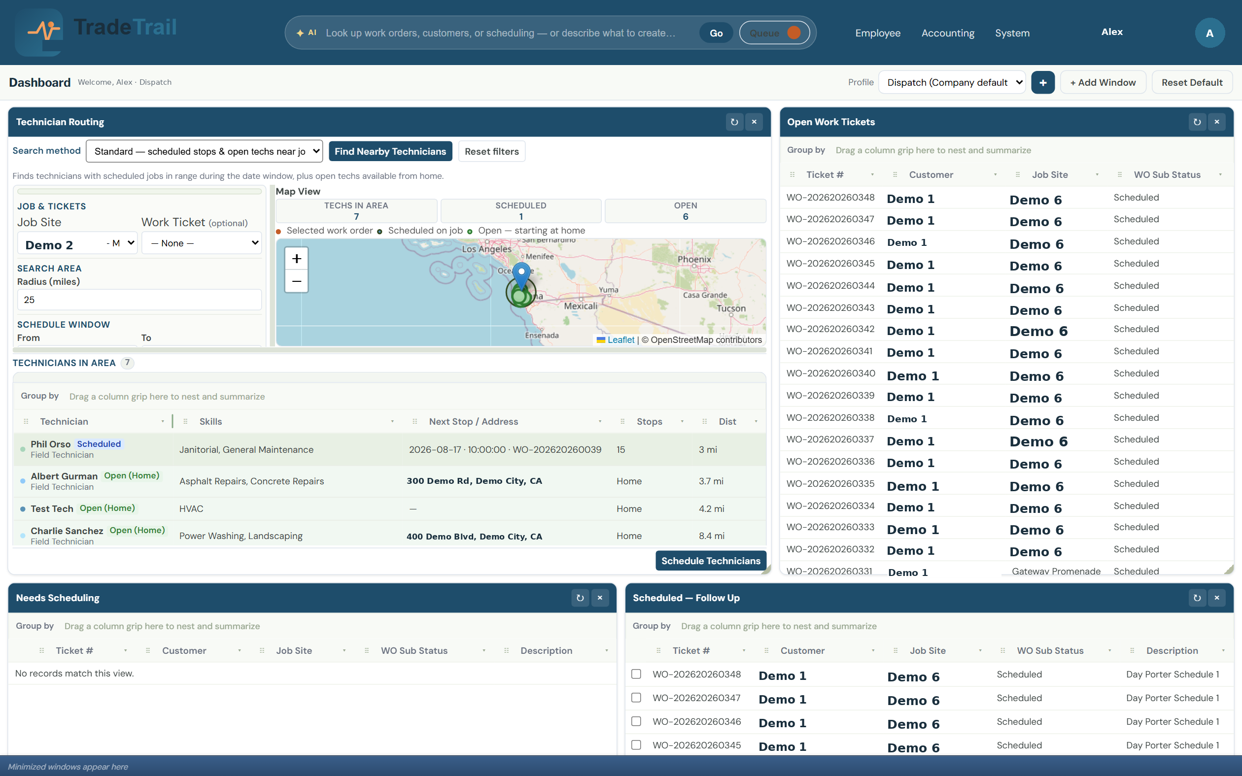 TradeTrail Dispatch dashboard with Technician Routing map, nearby technicians, and scheduling widgets