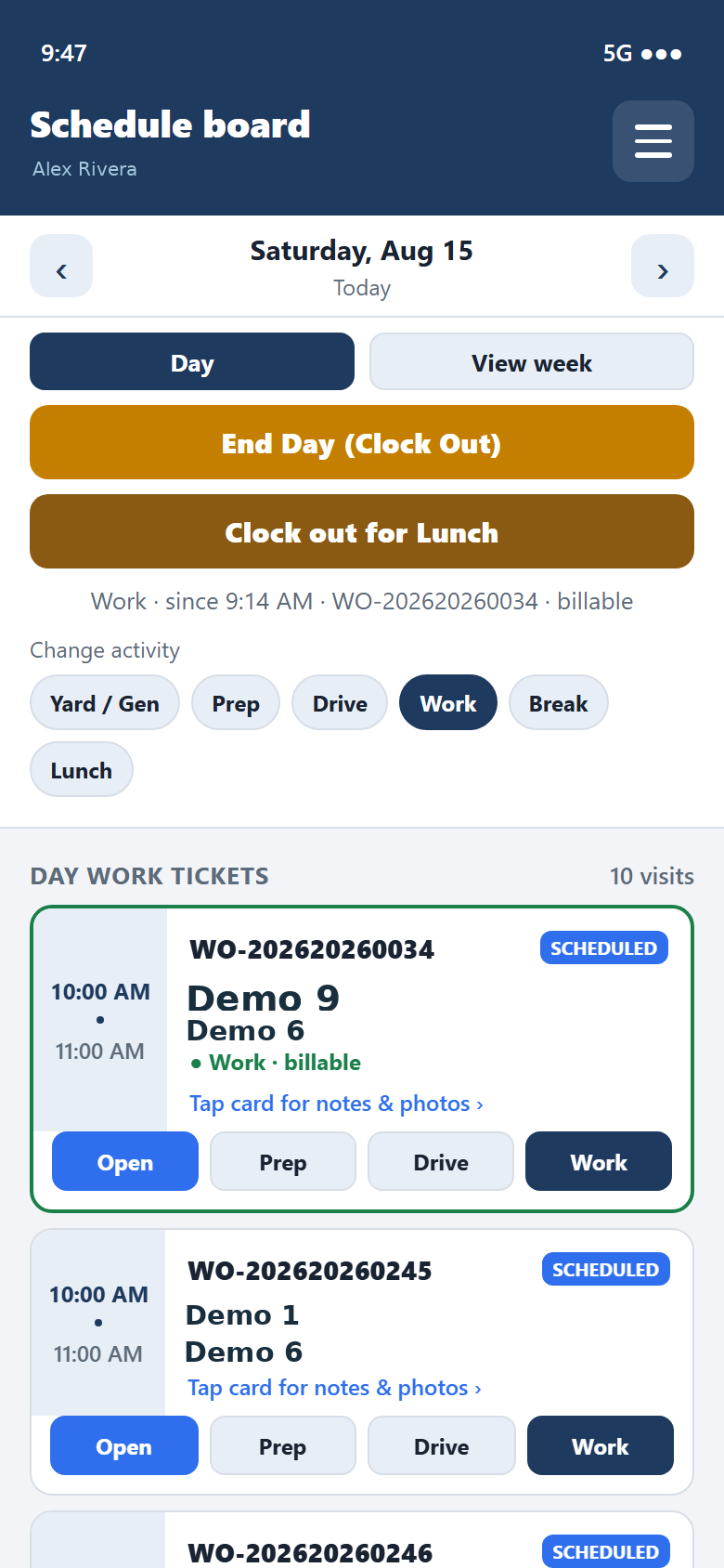 TradeTrail Field activity screen with Work selected and lunch / clock-out controls