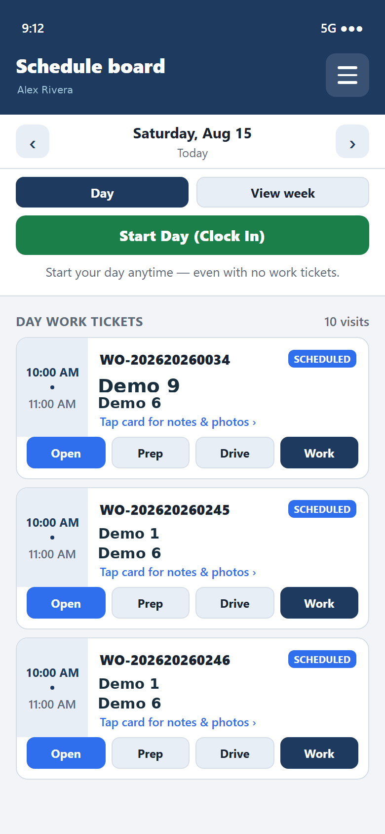 TradeTrail Field clock-in screen with Start Day button and today's work tickets
