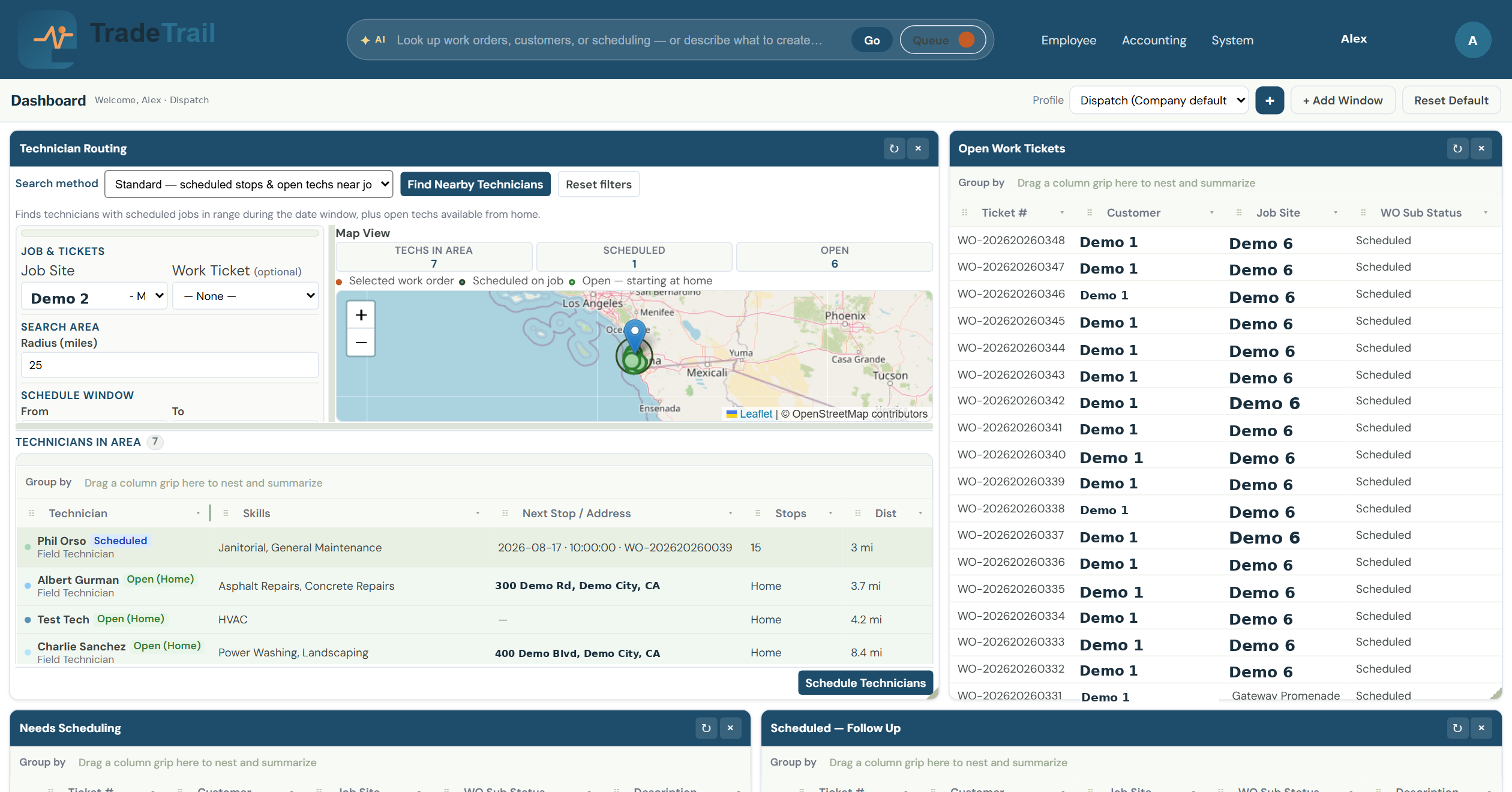 Technician Routing dashboard showing map, techs in area, and scheduled technicians
