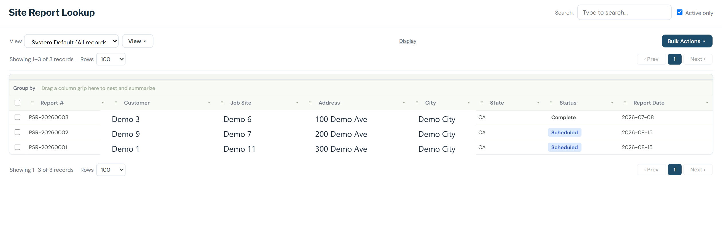 Site Report Lookup with scheduled and completed property site reports